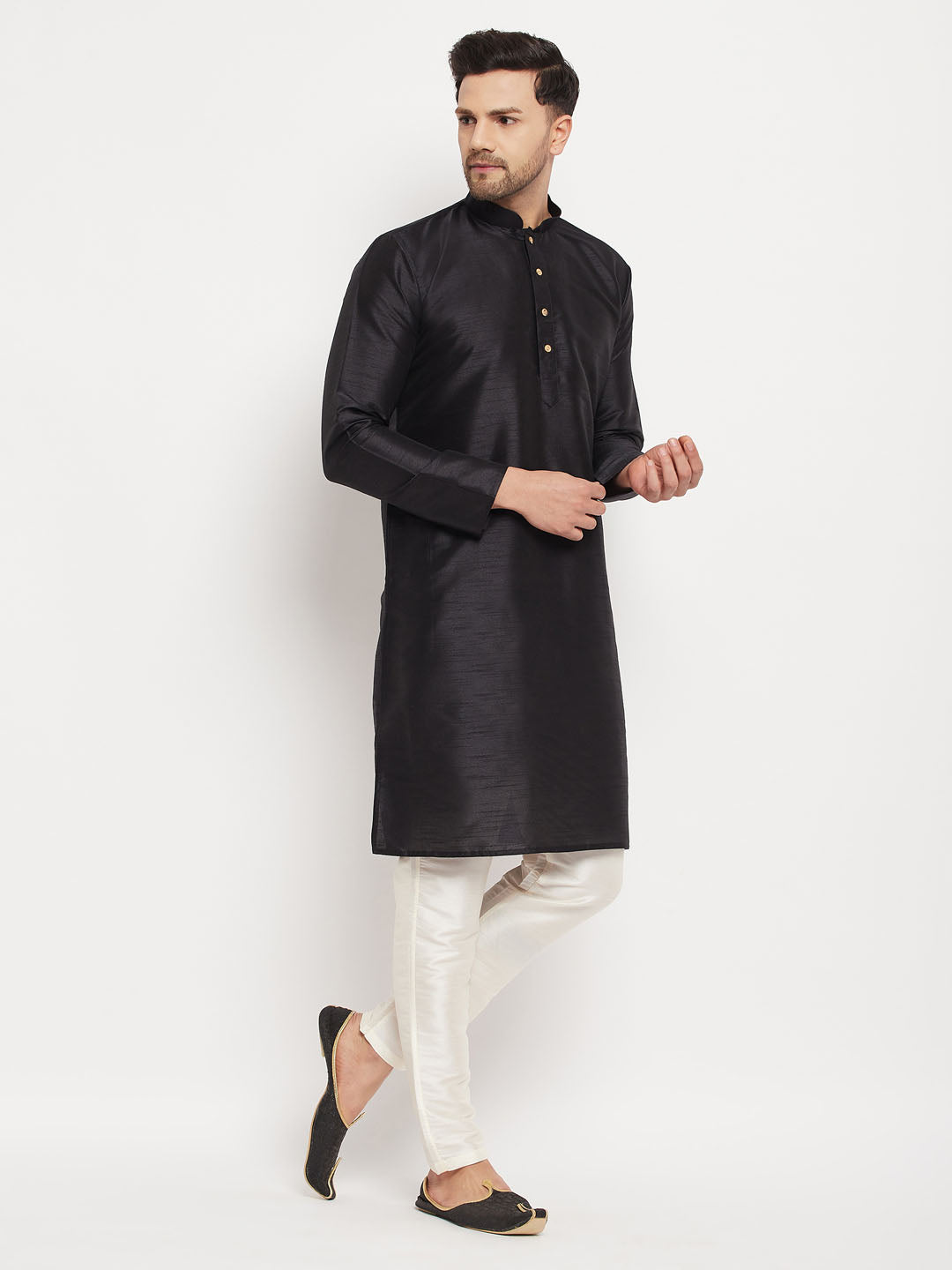 Sarvati Men's Black Silk Blend Kurta and Cream Pant Style Pyjama Set