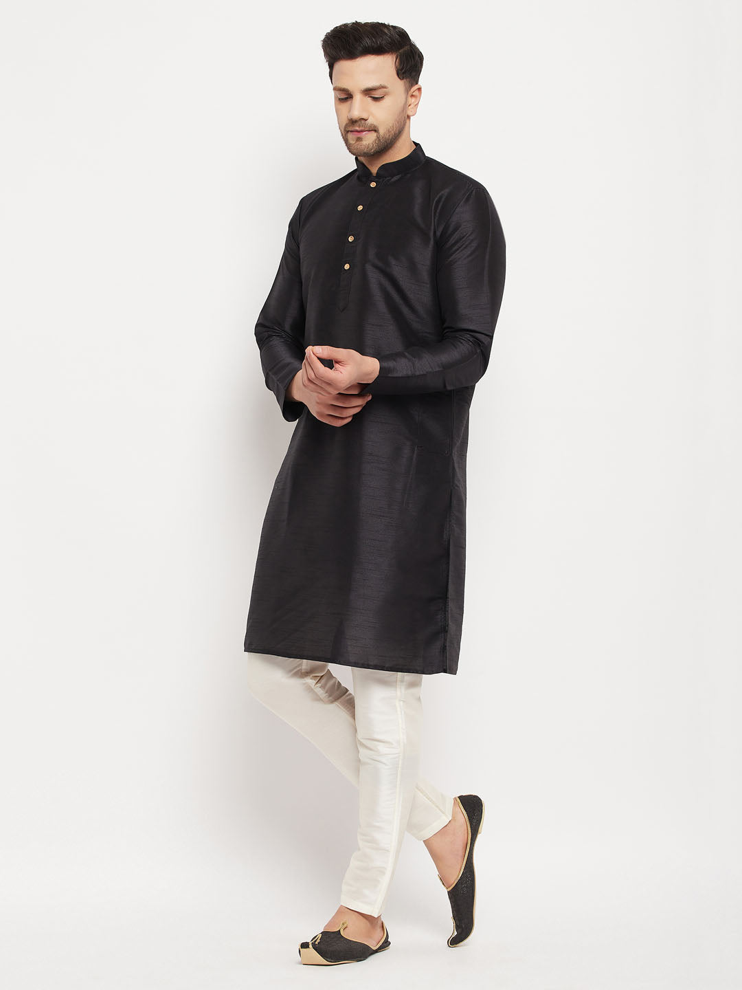 Sarvati Men's Black Silk Blend Kurta and Cream Pant Style Pyjama Set