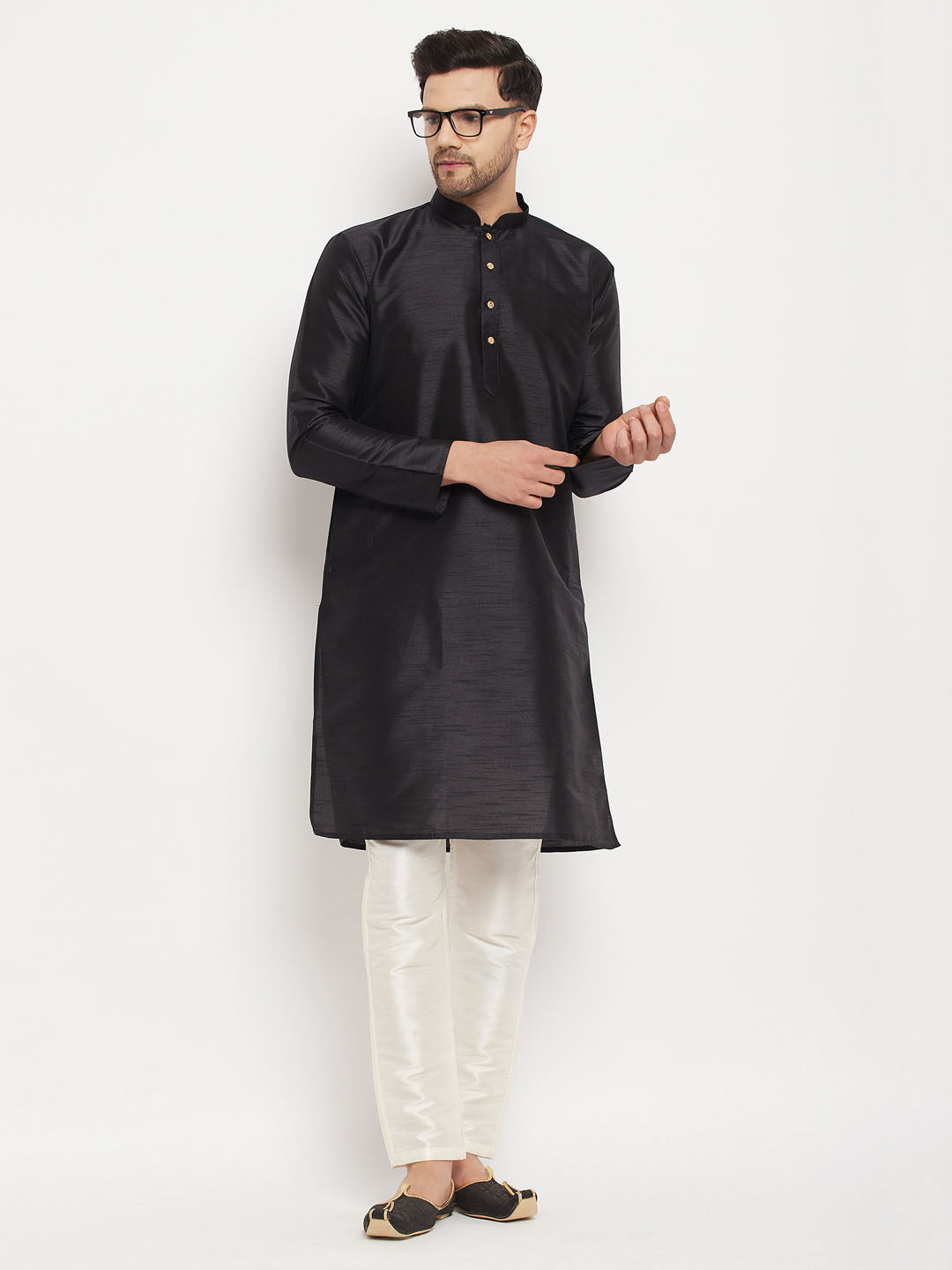 Sarvati Men's Black Silk Blend Kurta and Cream Pant Style Pyjama Set