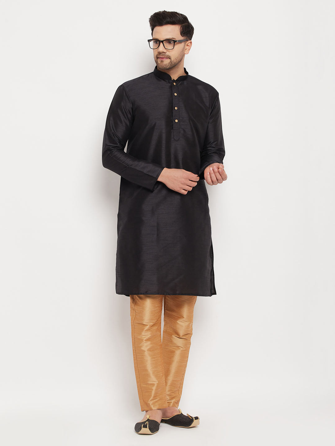 Sarvati Men's Black Silk Blend Kurta and Rose Gold Pant Style Pyjama Set