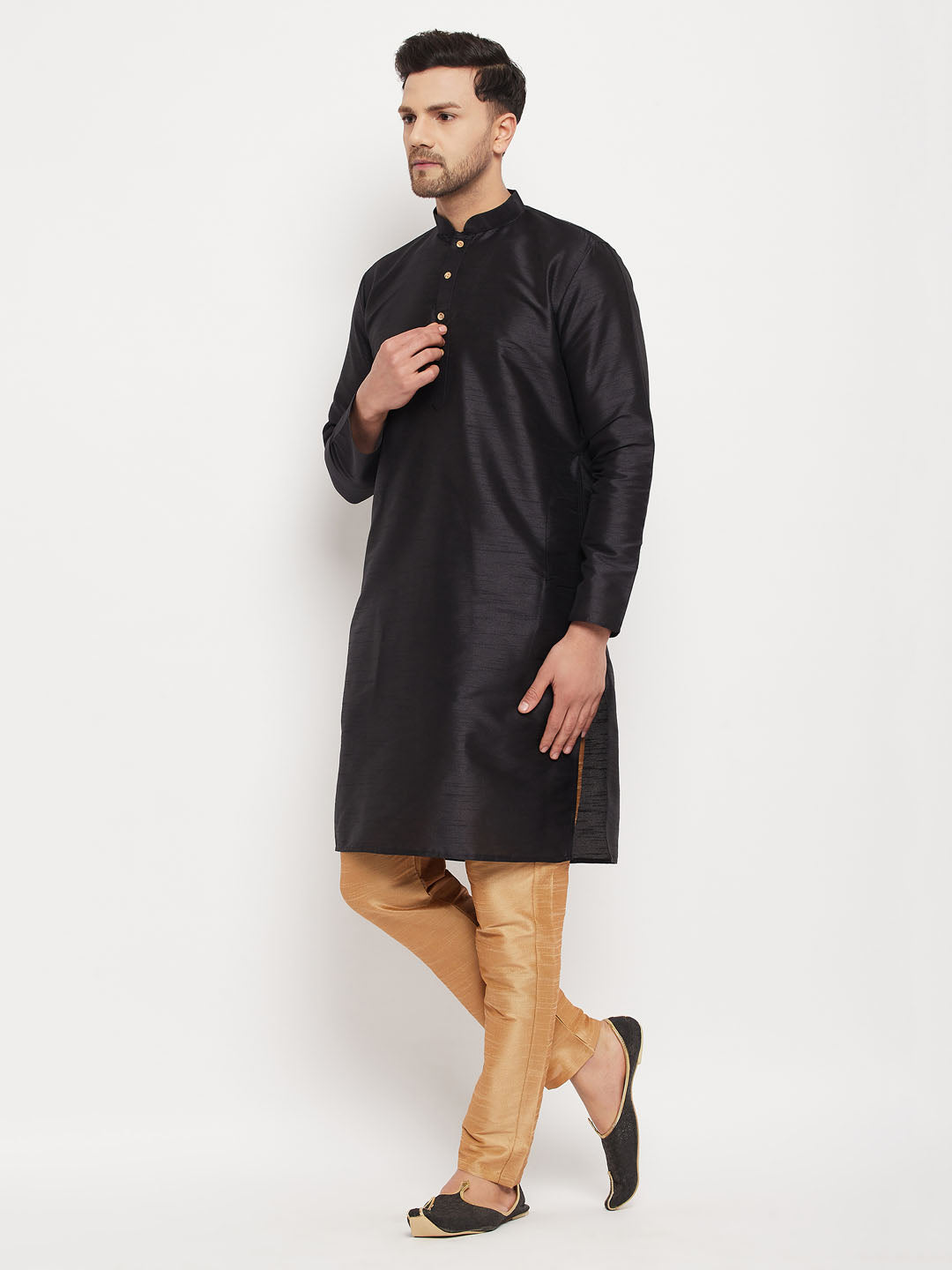 Sarvati Men's Black Silk Blend Kurta and Rose Gold Pant Style Pyjama Set