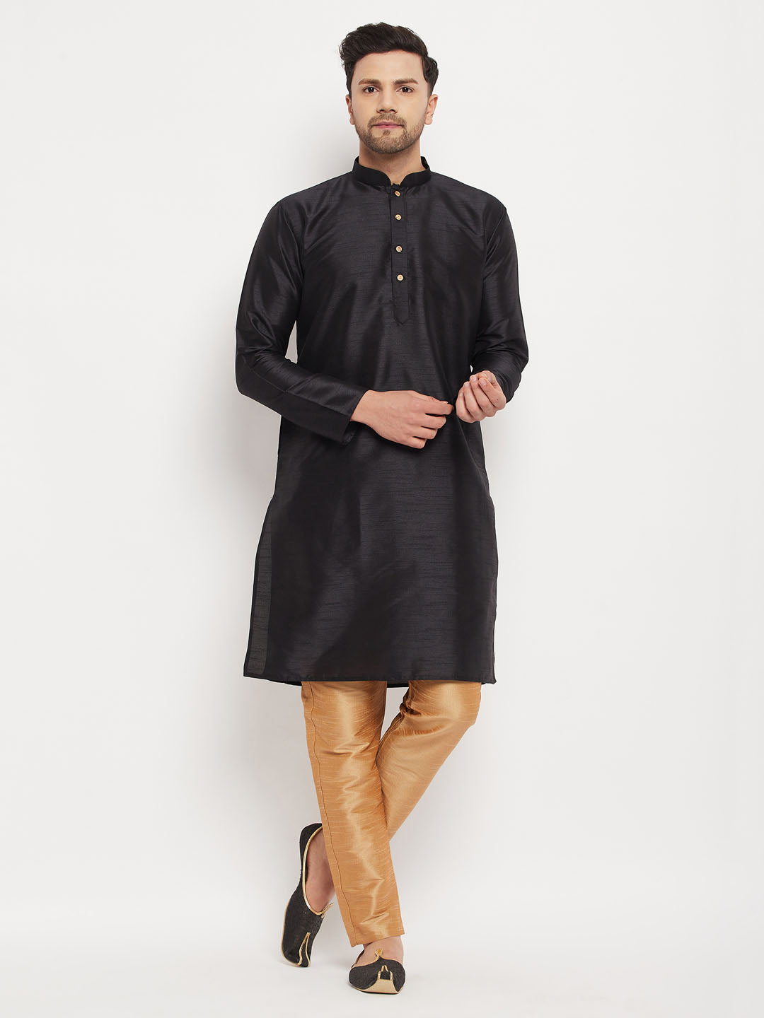 Sarvati Men's Black Silk Blend Kurta and Rose Gold Pant Style Pyjama Set