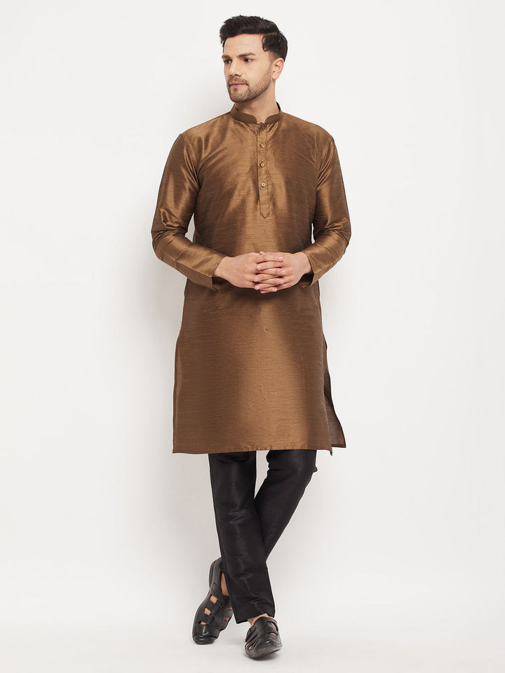 Sarvati Men's Coffee Silk Blend Kurta and Black Pant Style Pyjama Set