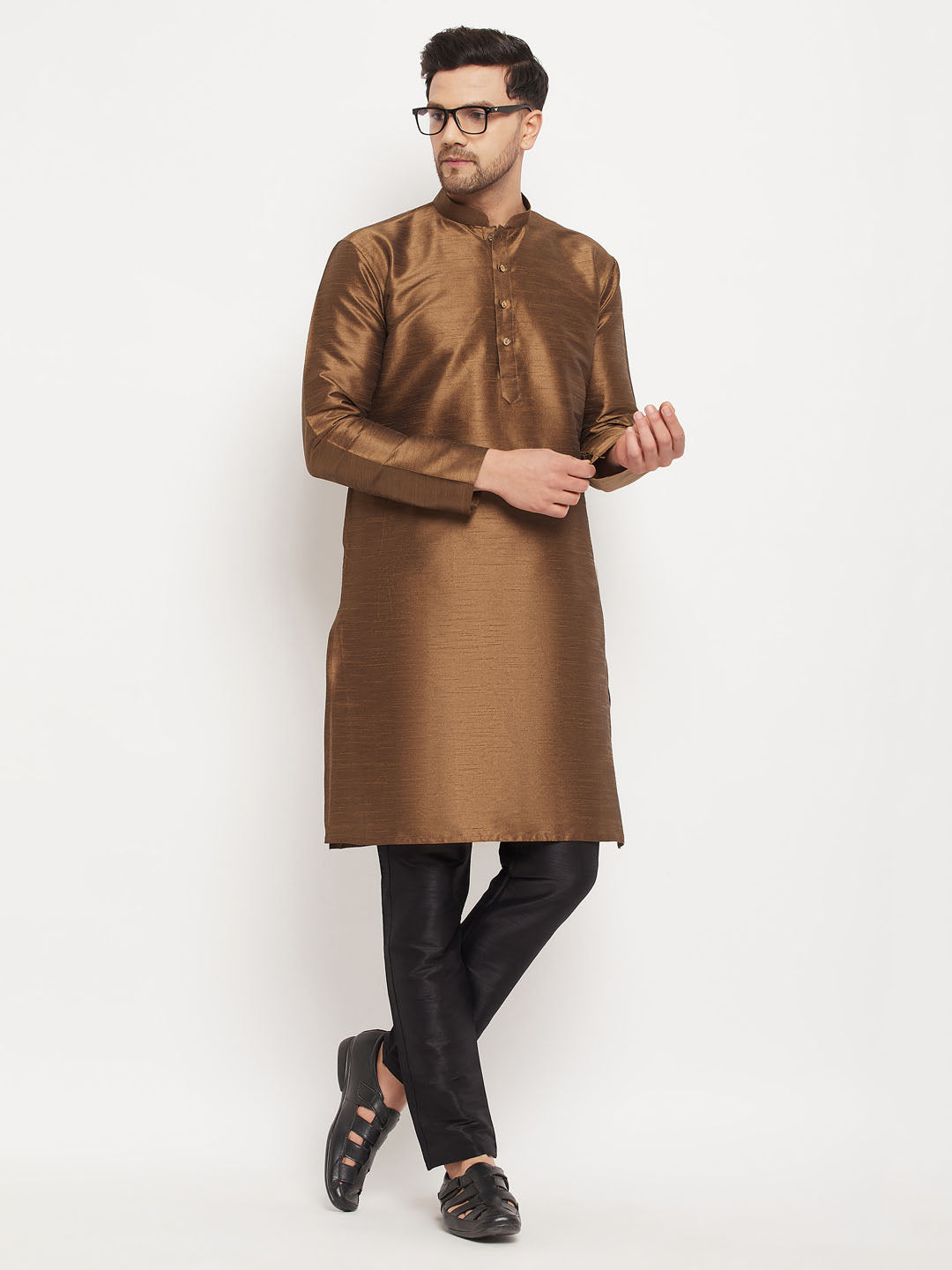 Sarvati Men's Coffee Silk Blend Kurta and Black Pant Style Pyjama Set