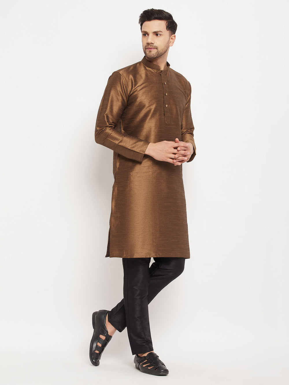 Sarvati Men's Coffee Silk Blend Kurta and Black Pant Style Pyjama Set