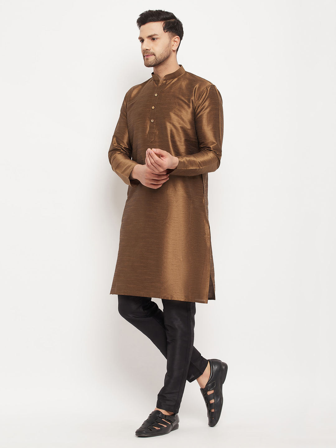 Sarvati Men's Coffee Silk Blend Kurta and Black Pant Style Pyjama Set