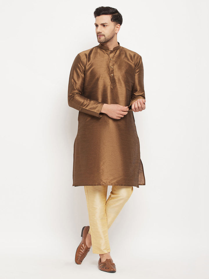 Sarvati Men's Coffee Silk Blend Kurta and Gold Pant Style Pyjama Set