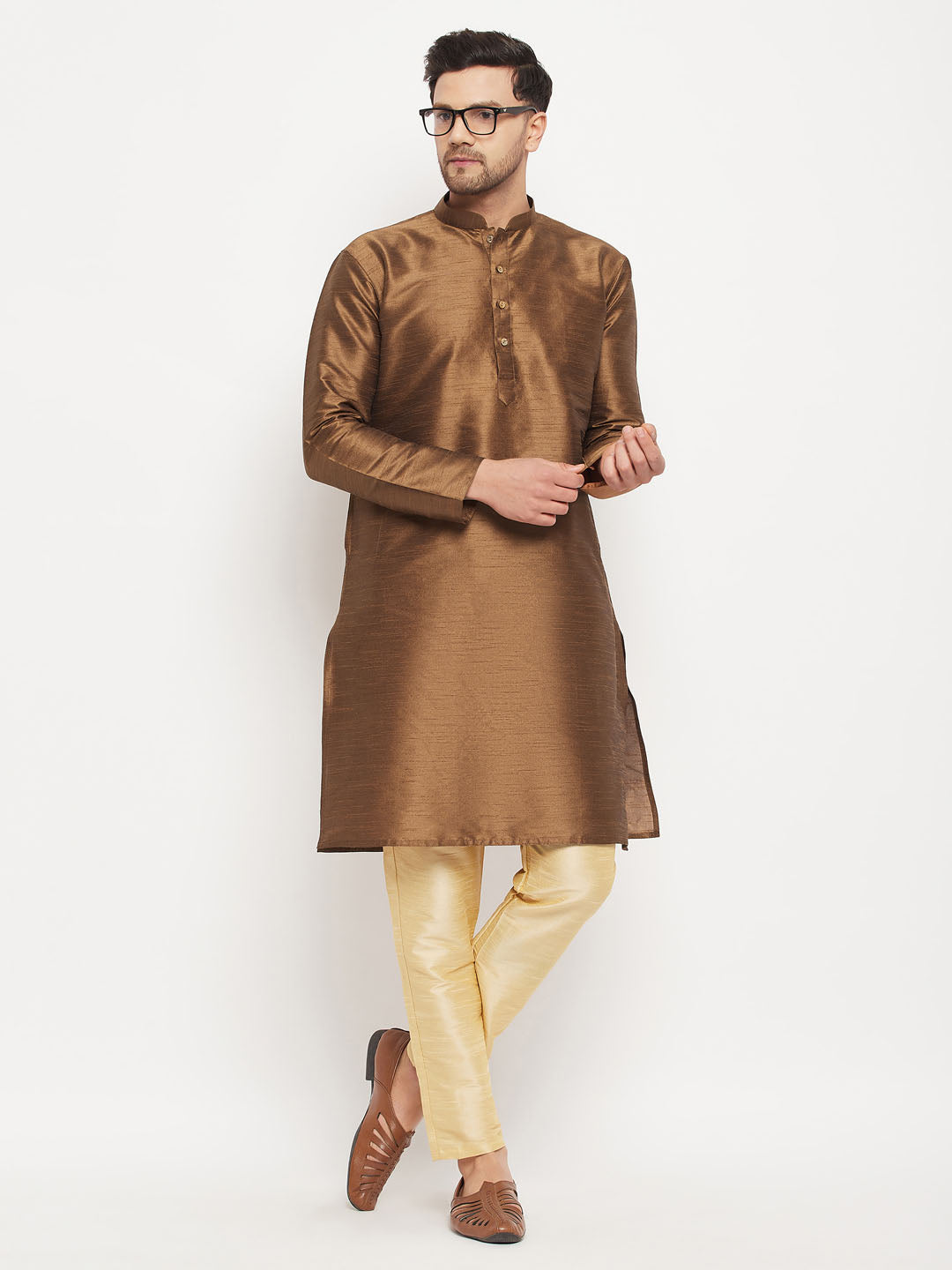 Sarvati Men's Coffee Silk Blend Kurta and Gold Pant Style Pyjama Set