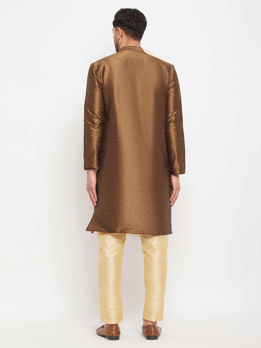 Sarvati Men's Coffee Silk Blend Kurta and Gold Pant Style Pyjama Set