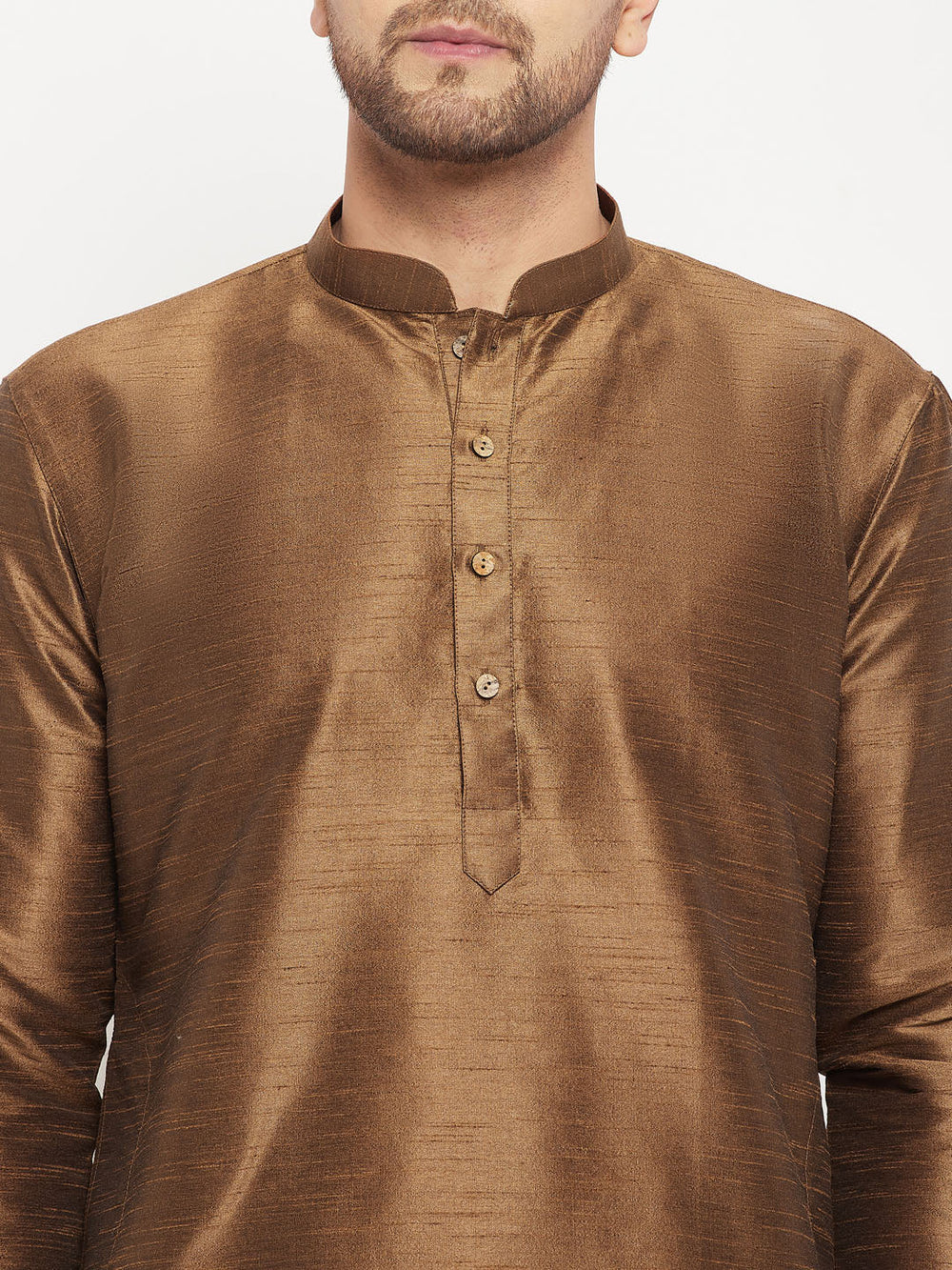 Sarvati Men's Coffee Silk Blend Kurta and Gold Pant Style Pyjama Set