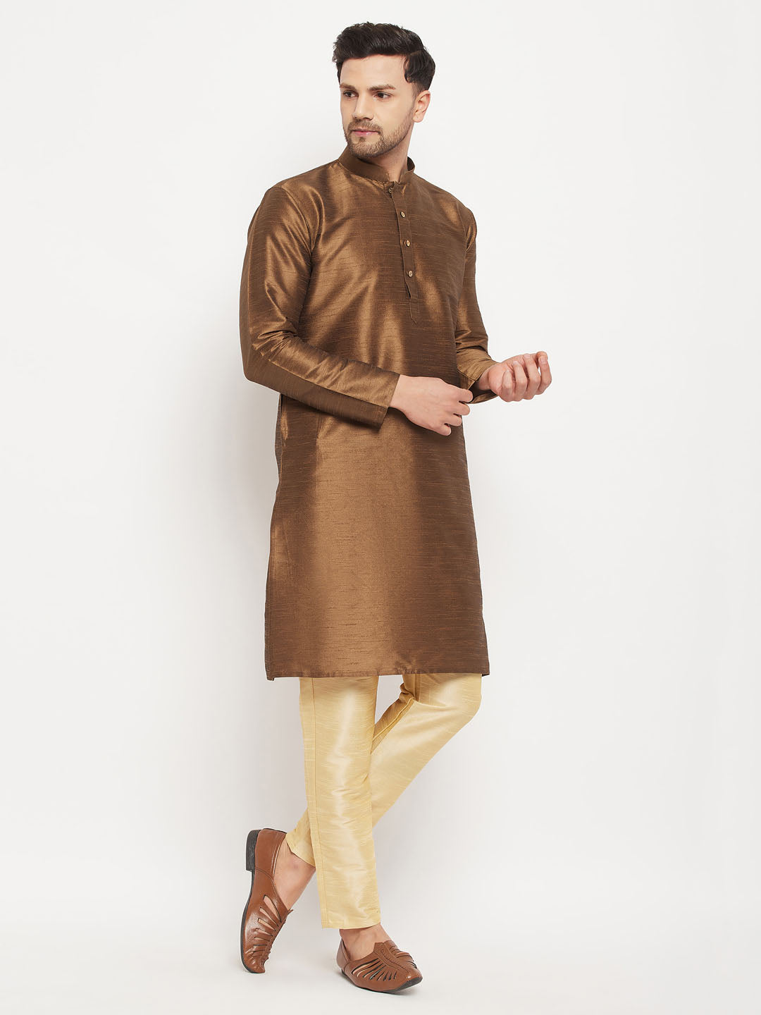 Sarvati Men's Coffee Silk Blend Kurta and Gold Pant Style Pyjama Set