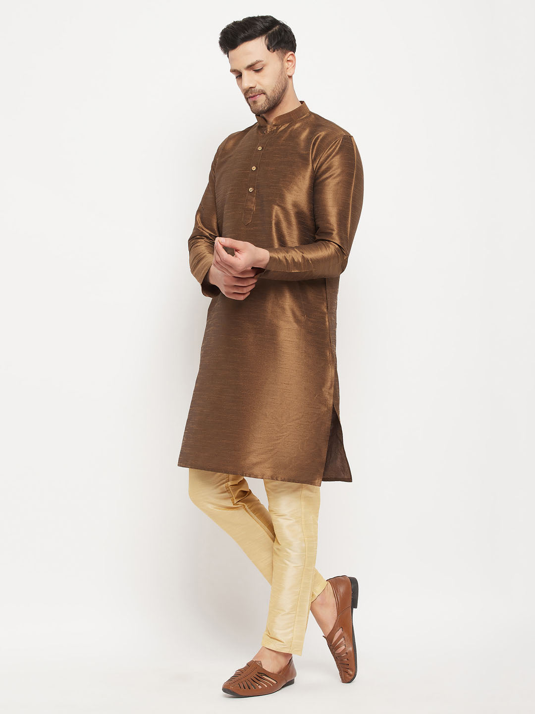 Sarvati Men's Coffee Silk Blend Kurta and Gold Pant Style Pyjama Set