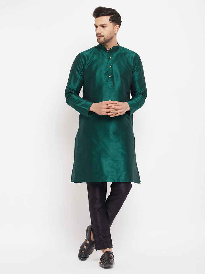 Sarvati Men's Green Cotton Silk Blend Kurta and Black Pant Style Pyjama Set