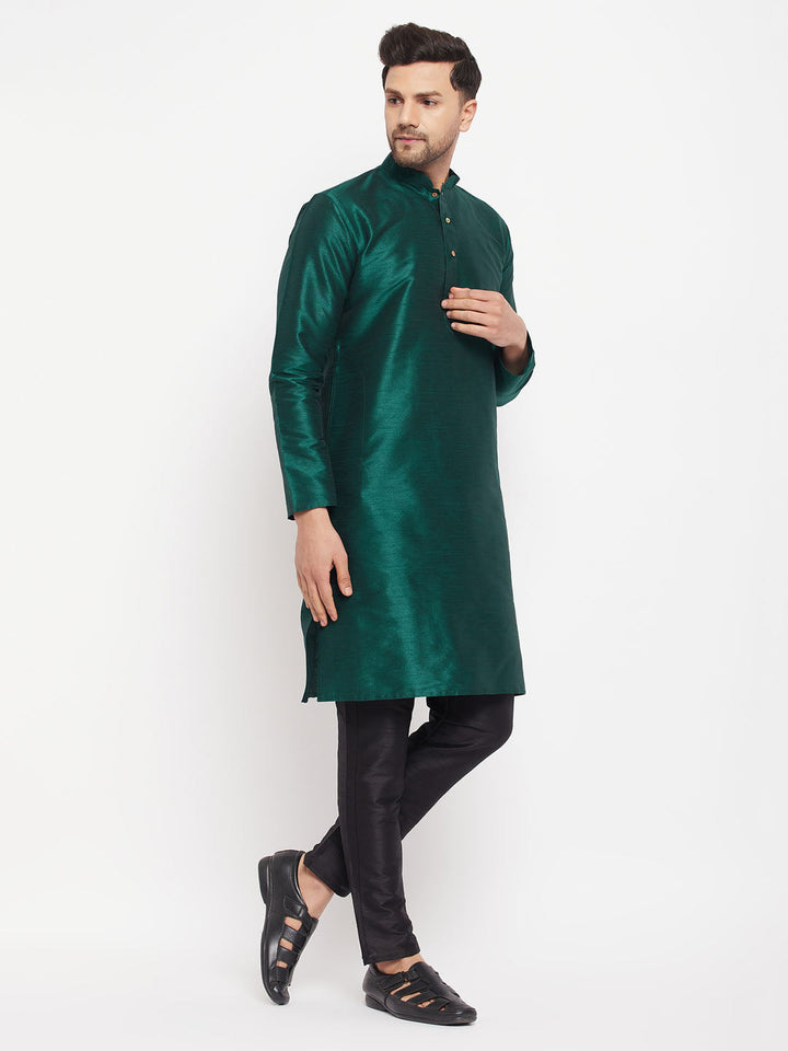 Sarvati Men's Green Cotton Silk Blend Kurta and Black Pant Style Pyjama Set