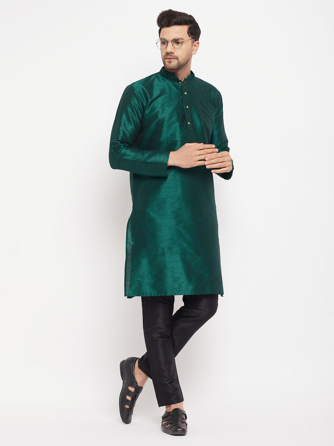 Sarvati Men's Green Cotton Silk Blend Kurta and Black Pant Style Pyjama Set