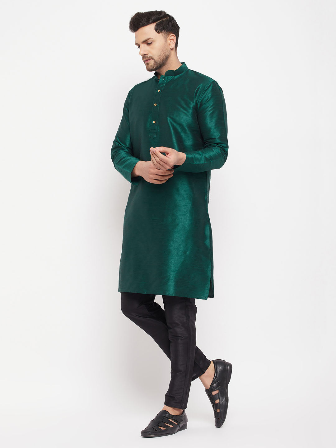 Sarvati Men's Green Cotton Silk Blend Kurta and Black Pant Style Pyjama Set