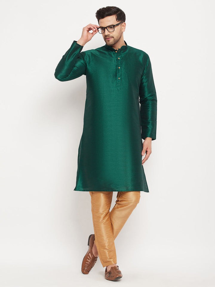 Sarvati Men's Green Cotton Silk Blend Kurta and Rose Gold Pant Style Pyjama Set