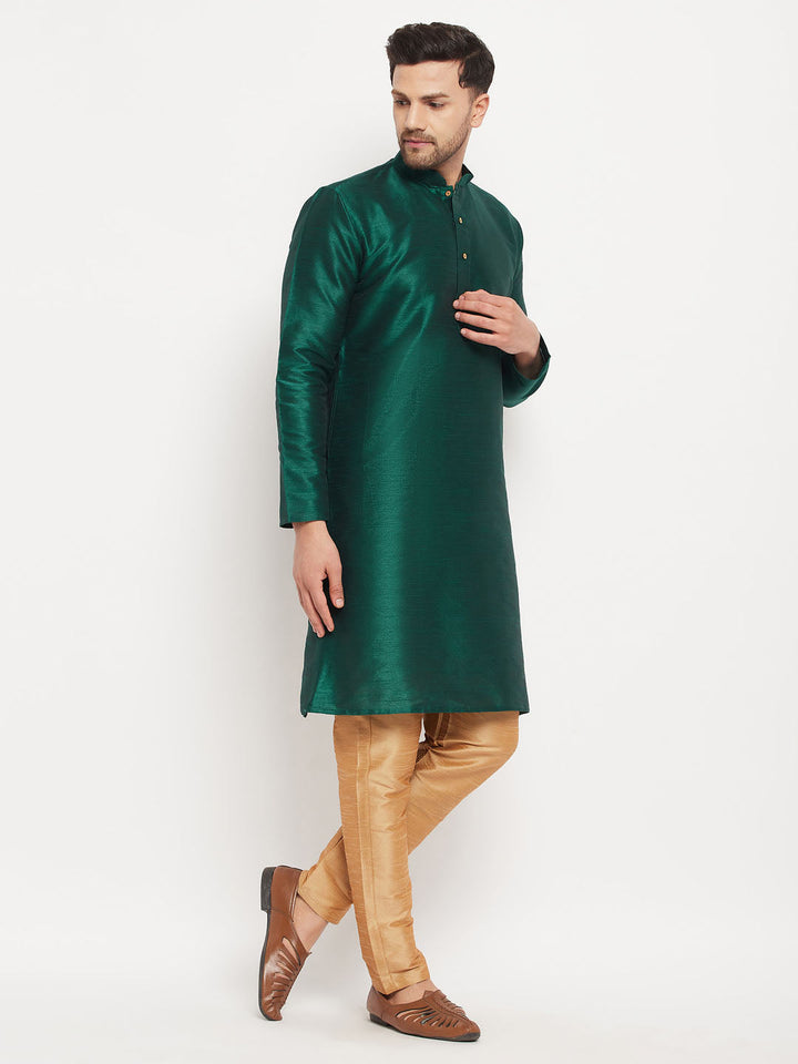 Sarvati Men's Green Cotton Silk Blend Kurta and Rose Gold Pant Style Pyjama Set