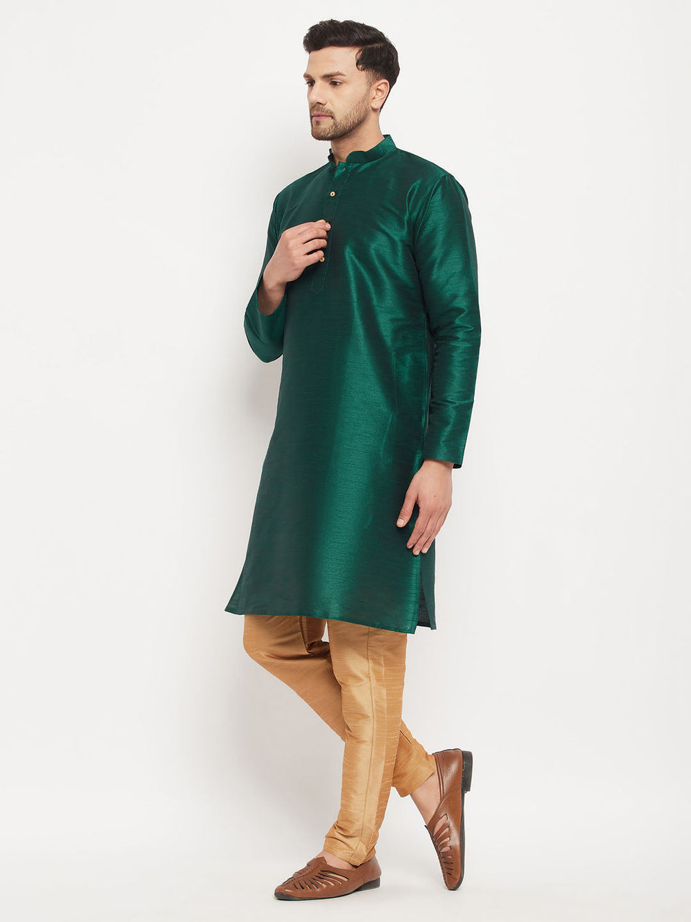 Sarvati Men's Green Cotton Silk Blend Kurta and Rose Gold Pant Style Pyjama Set