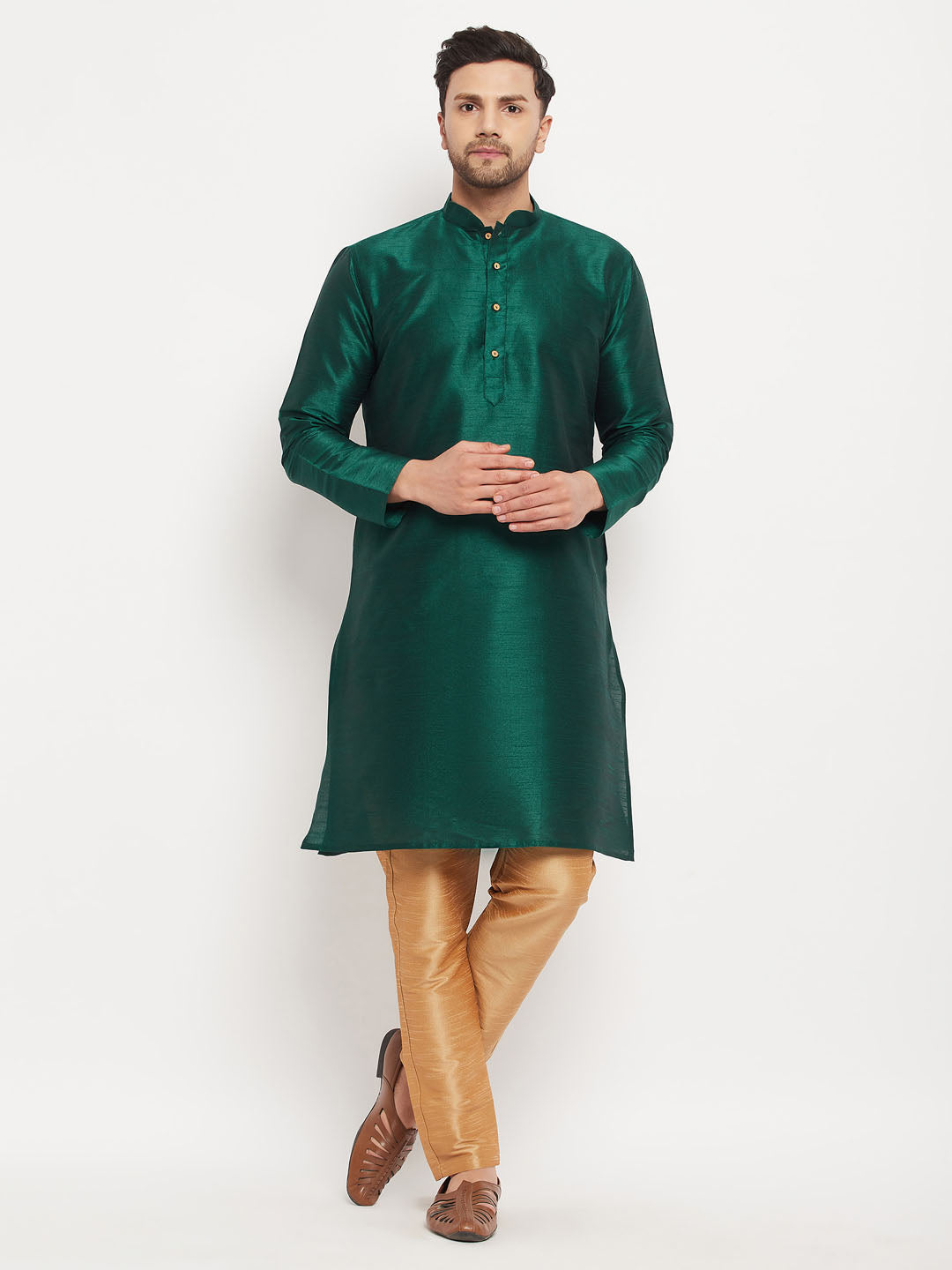 Sarvati Men's Green Cotton Silk Blend Kurta and Rose Gold Pant Style Pyjama Set