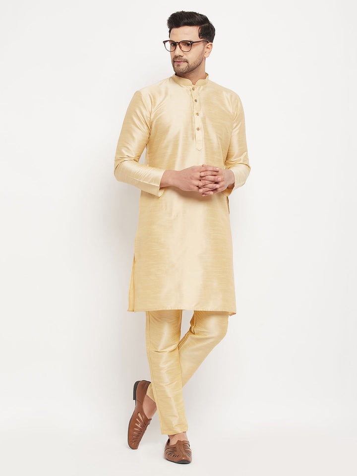 Sarvati Men's Gold Cotton Silk Blend Kurta and Gold Pant Style Pyjama Set