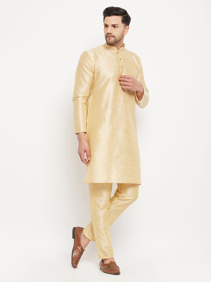 Sarvati Men's Gold Cotton Silk Blend Kurta and Gold Pant Style Pyjama Set