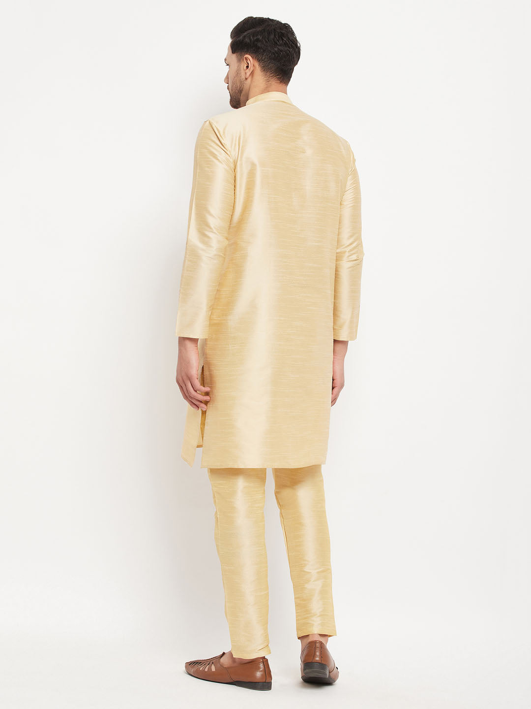 Sarvati Men's Gold Cotton Silk Blend Kurta and Gold Pant Style Pyjama Set