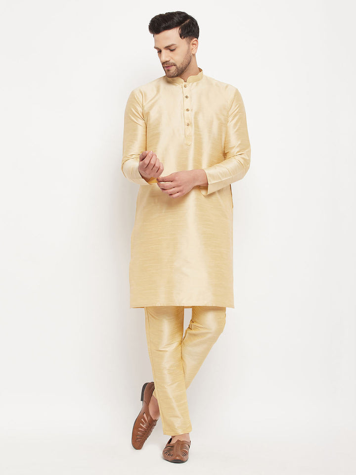 Sarvati Men's Gold Cotton Silk Blend Kurta and Gold Pant Style Pyjama Set