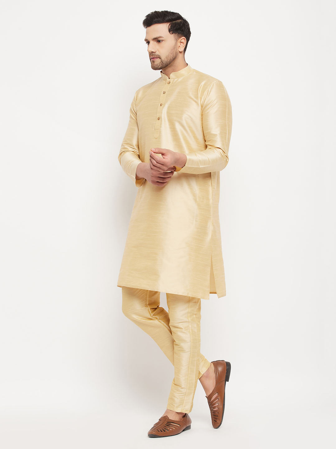 Sarvati Men's Gold Cotton Silk Blend Kurta and Gold Pant Style Pyjama Set