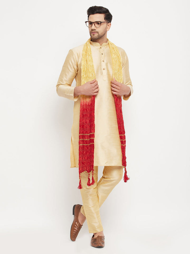 Sarvati Men's Gold Cotton Silk Blend Kurta and Gold Pant Style Pyjama Set With Dupatta