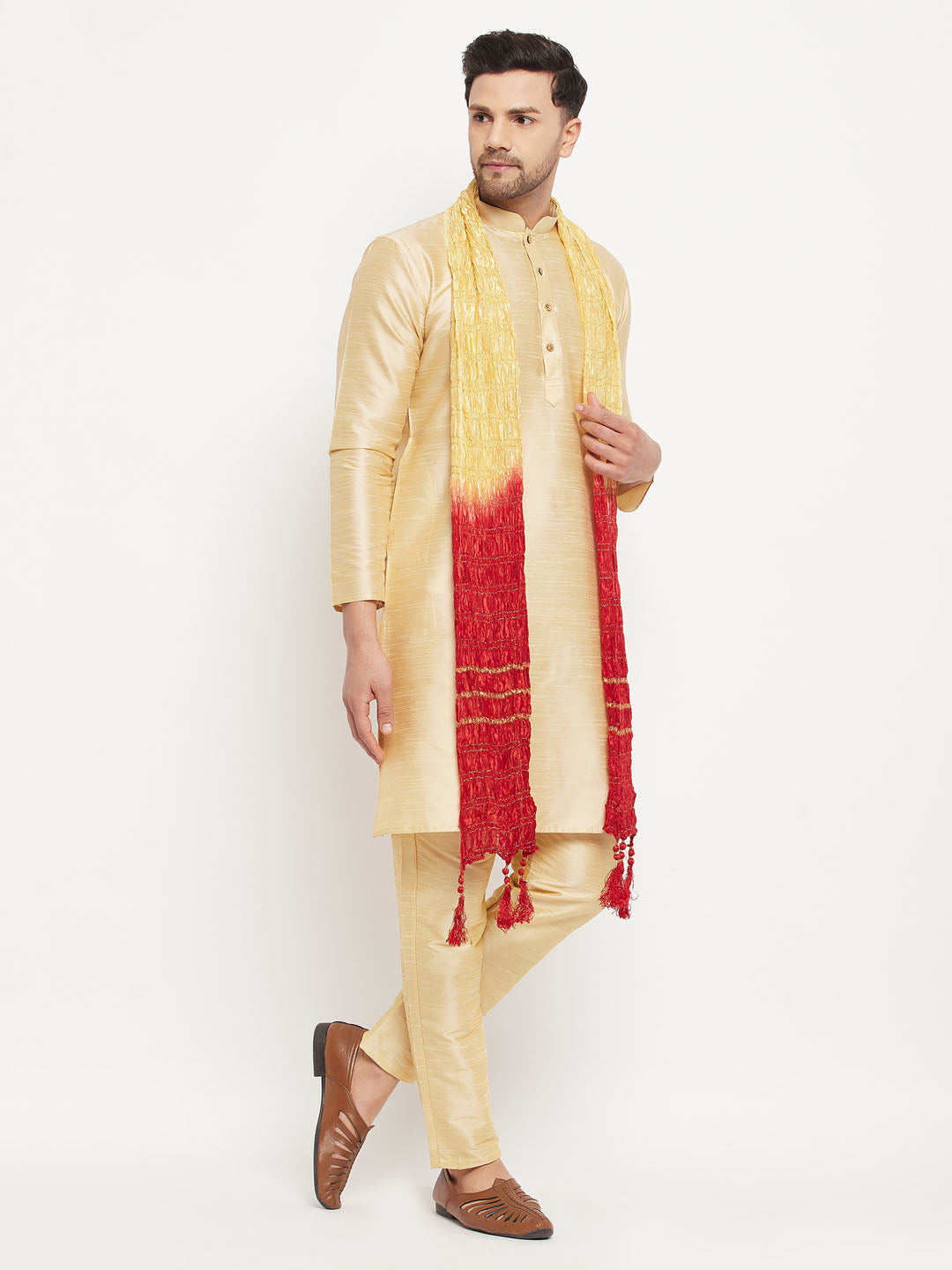 Sarvati Men's Gold Cotton Silk Blend Kurta and Gold Pant Style Pyjama Set With Dupatta