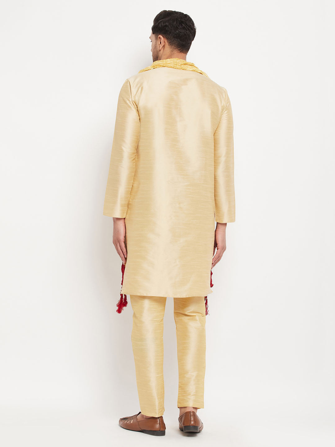 Sarvati Men's Gold Cotton Silk Blend Kurta and Gold Pant Style Pyjama Set With Dupatta