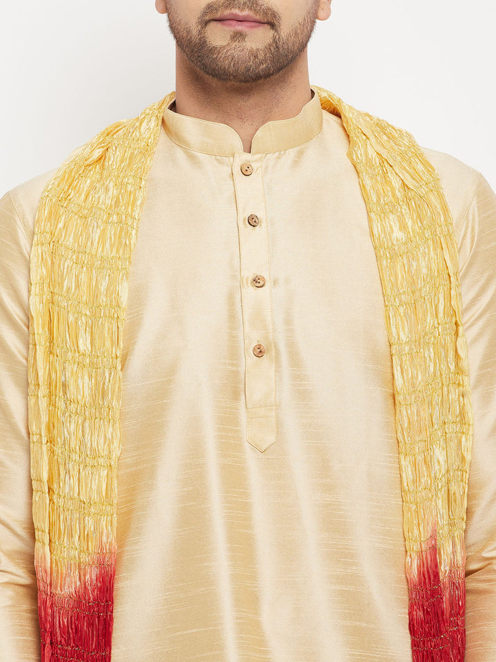 Sarvati Men's Gold Cotton Silk Blend Kurta and Gold Pant Style Pyjama Set With Dupatta