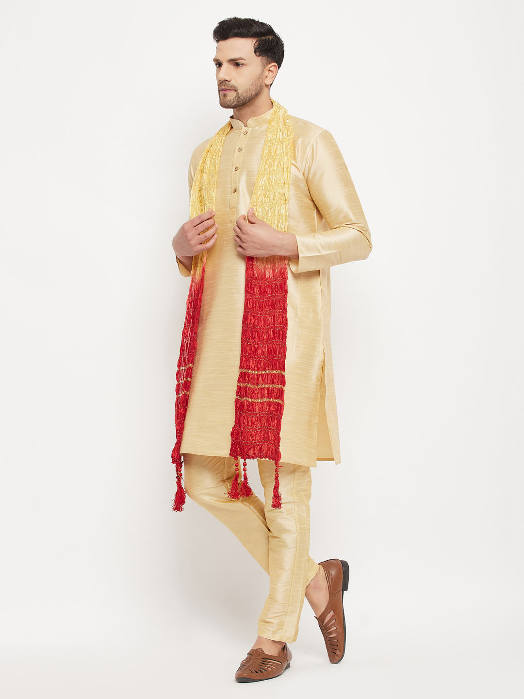 Sarvati Men's Gold Cotton Silk Blend Kurta and Gold Pant Style Pyjama Set With Dupatta