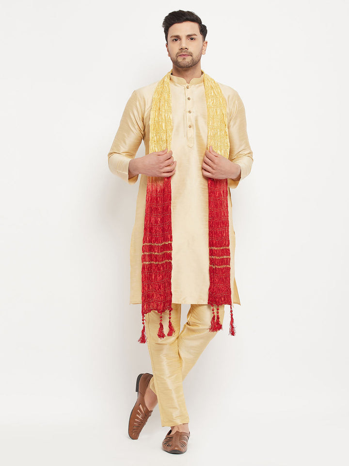 Sarvati Men's Gold Cotton Silk Blend Kurta and Gold Pant Style Pyjama Set With Dupatta