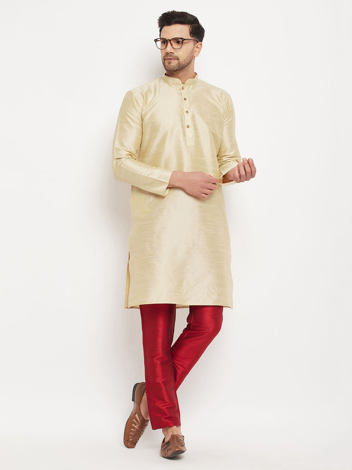 Sarvati Men's Gold Cotton Silk Blend Kurta and Maroon Pant Style Pyjama Set