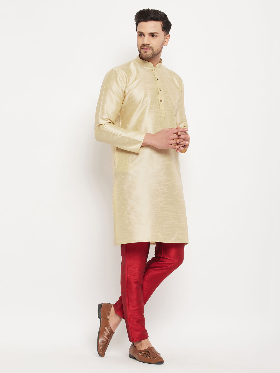 Sarvati Men's Gold Cotton Silk Blend Kurta and Maroon Pant Style Pyjama Set