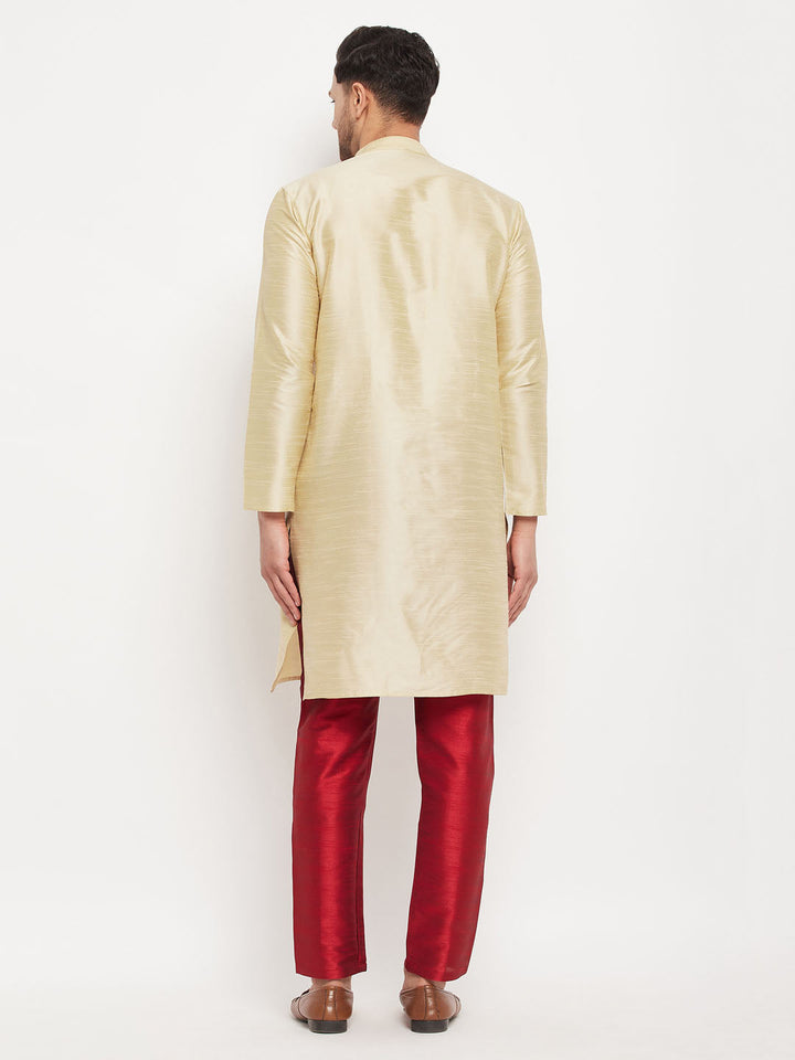 Sarvati Men's Gold Cotton Silk Blend Kurta and Maroon Pant Style Pyjama Set