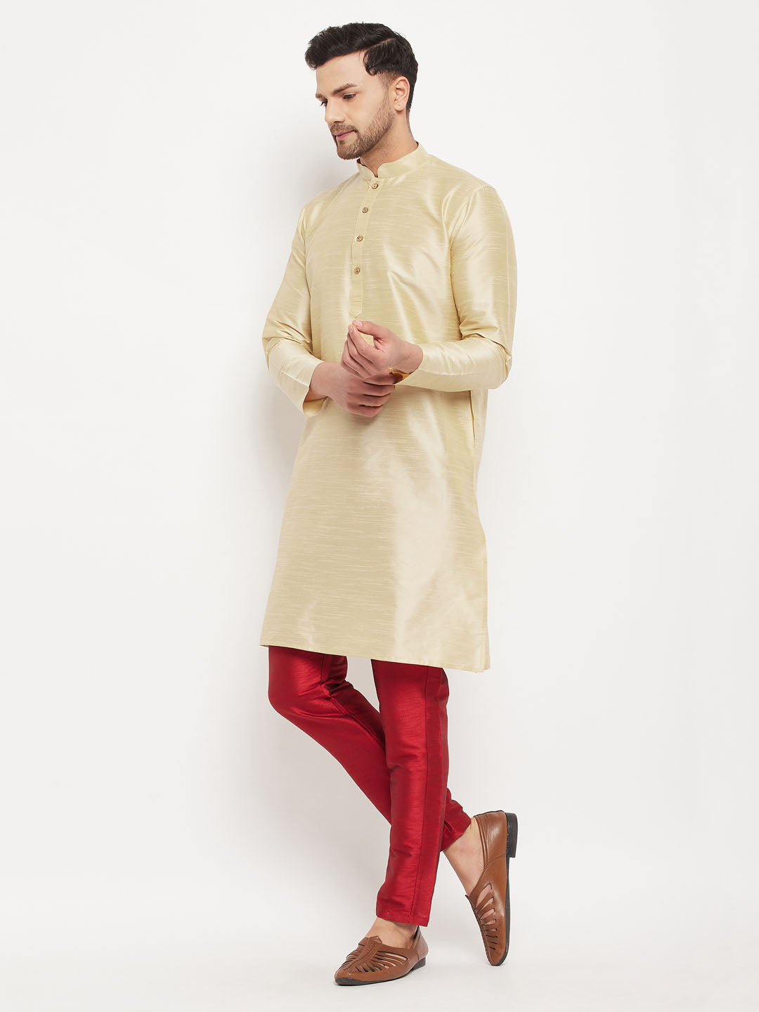 Sarvati Men's Gold Cotton Silk Blend Kurta and Maroon Pant Style Pyjama Set