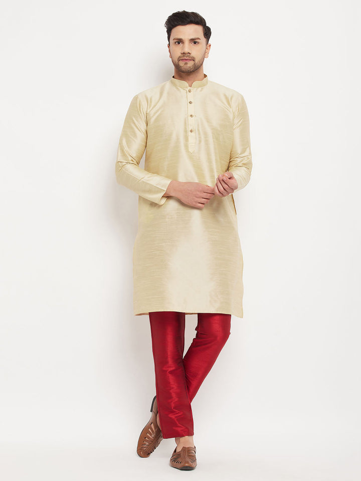 Sarvati Men's Gold Cotton Silk Blend Kurta and Maroon Pant Style Pyjama Set