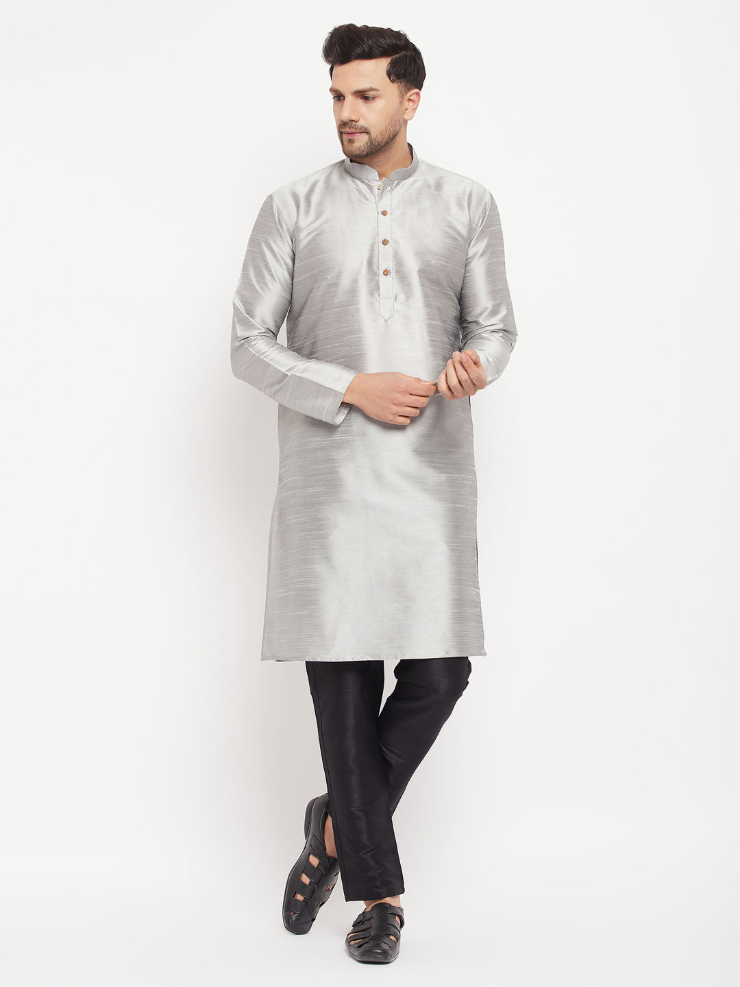 Sarvati Men's Grey Silk Blend Kurta and Black Pant Style Pyjama Set