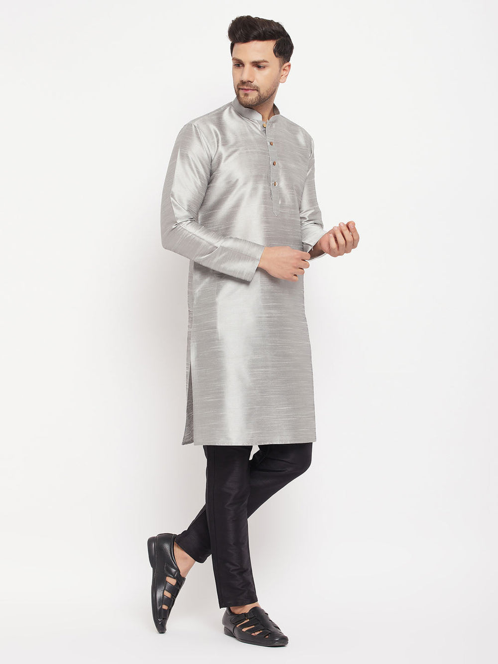 Sarvati Men's Grey Silk Blend Kurta and Black Pant Style Pyjama Set