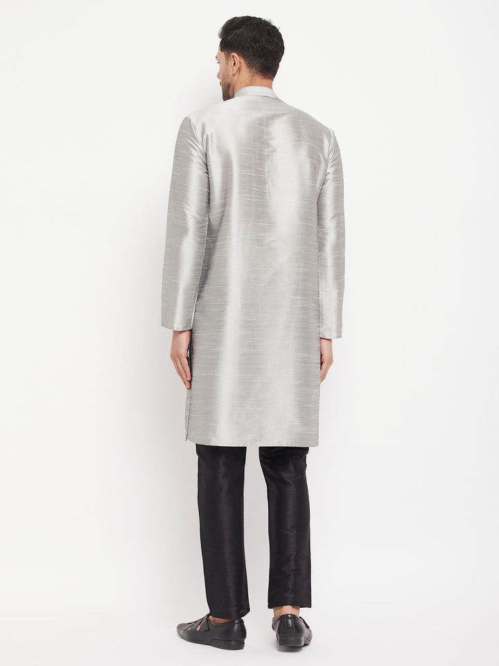 Sarvati Men's Grey Silk Blend Kurta and Black Pant Style Pyjama Set