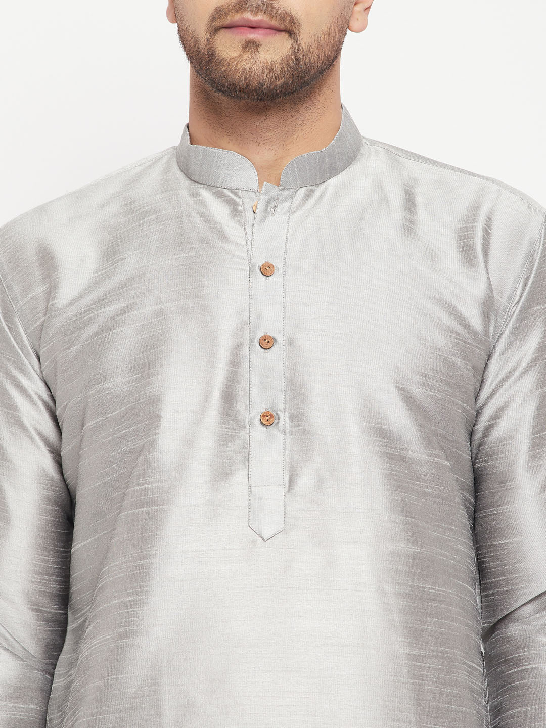 Sarvati Men's Grey Silk Blend Kurta and Black Pant Style Pyjama Set