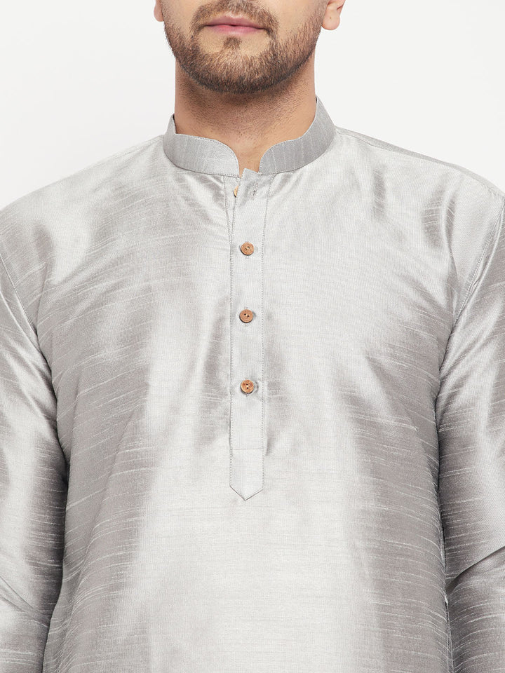 Sarvati Men's Grey Silk Blend Kurta and Black Pant Style Pyjama Set
