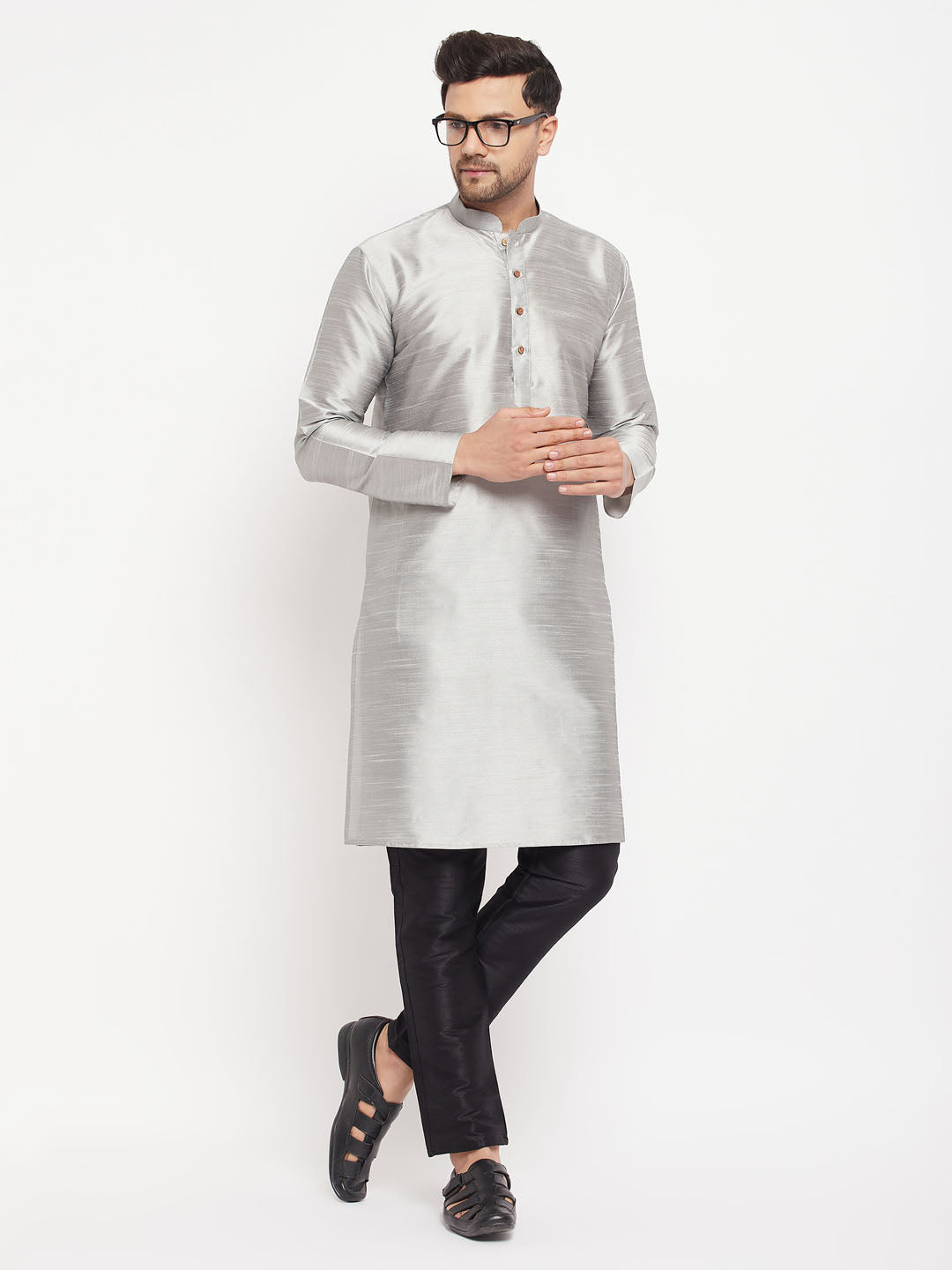 Sarvati Men's Grey Silk Blend Kurta and Black Pant Style Pyjama Set