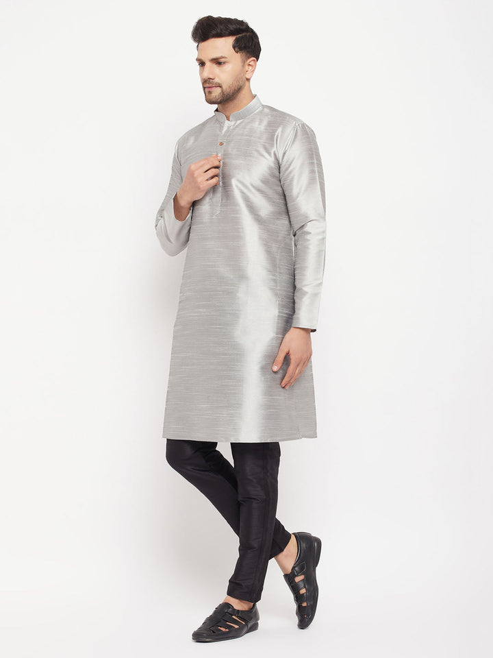 Sarvati Men's Grey Silk Blend Kurta and Black Pant Style Pyjama Set