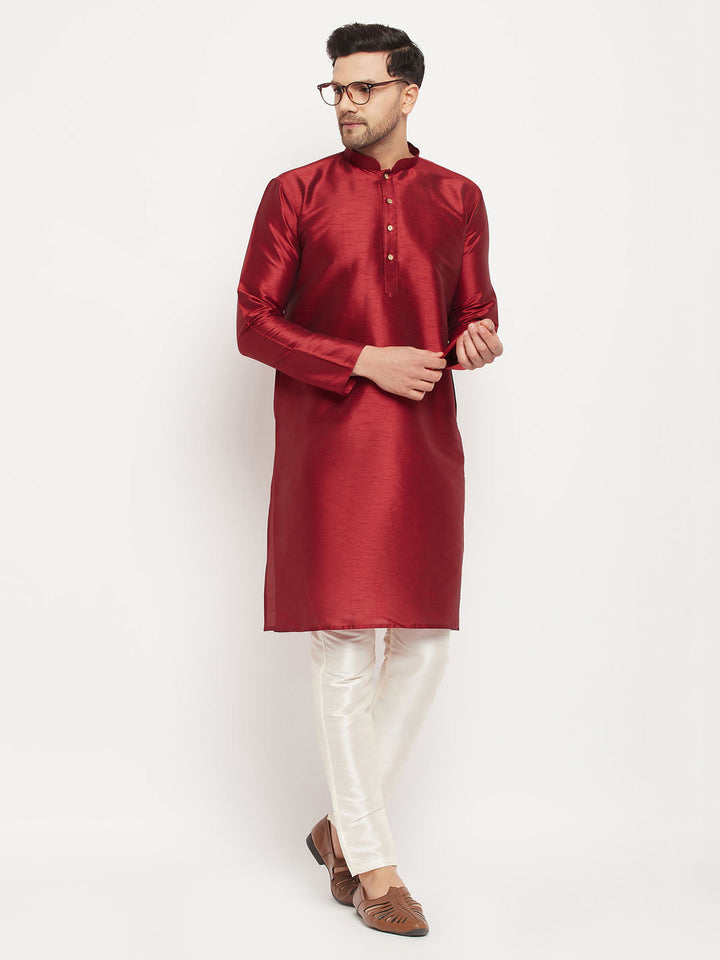 Sarvati Men's Maroon Silk Blend Kurta and Cream Pant Style Pyjama Set