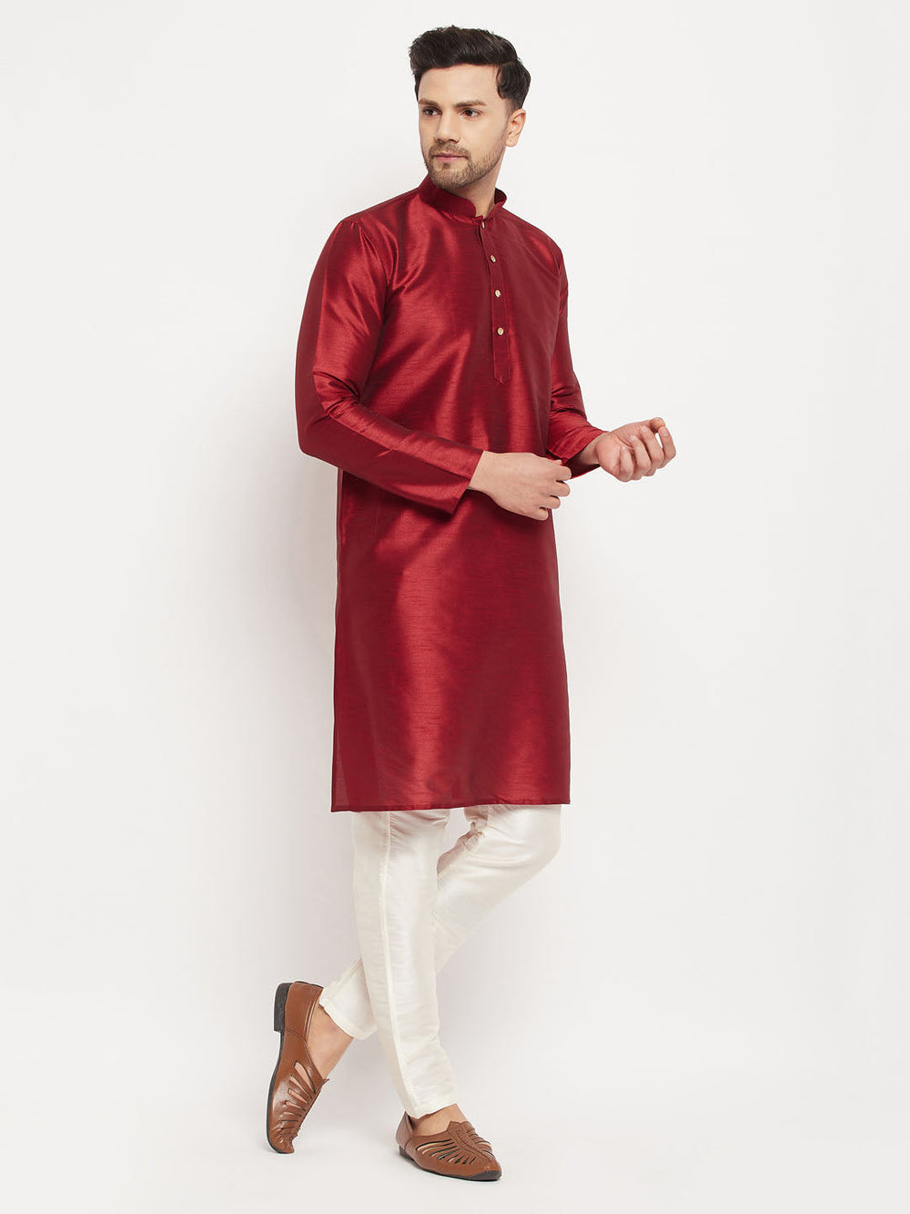 Sarvati Men's Maroon Silk Blend Kurta and Cream Pant Style Pyjama Set