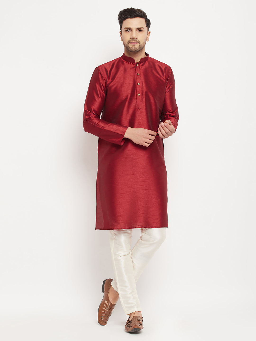 Sarvati Men's Maroon Silk Blend Kurta and Cream Pant Style Pyjama Set